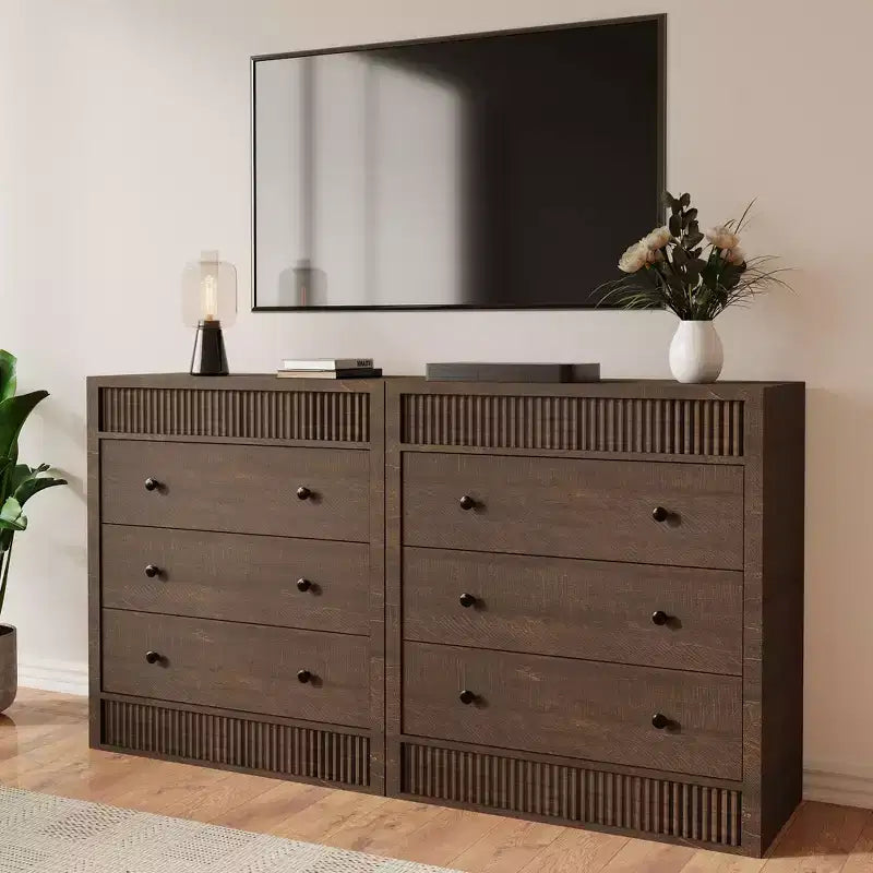 Comò moderno scanalato largo 5 cassetti, mobile contenitore in legno per camera da letto, cameretta, corridoio, soggiorno, rovere naturale 5 vani