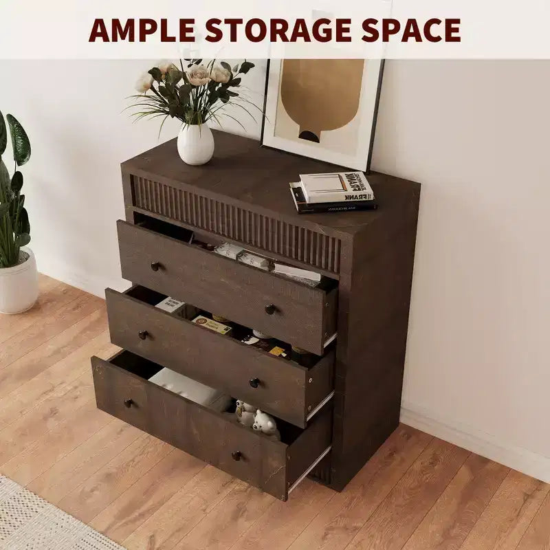 Comò moderno scanalato largo 5 cassetti, mobile contenitore in legno per camera da letto, cameretta, corridoio, soggiorno, rovere naturale 5 vani