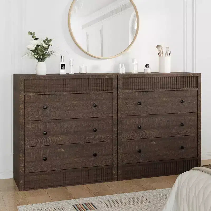 Comò moderno scanalato largo 5 cassetti, mobile contenitore in legno per camera da letto, cameretta, corridoio, soggiorno, rovere naturale 5 vani