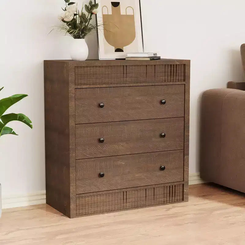 Comò moderno scanalato largo 5 cassetti, mobile contenitore in legno per camera da letto, cameretta, corridoio, soggiorno, rovere naturale 5 vani