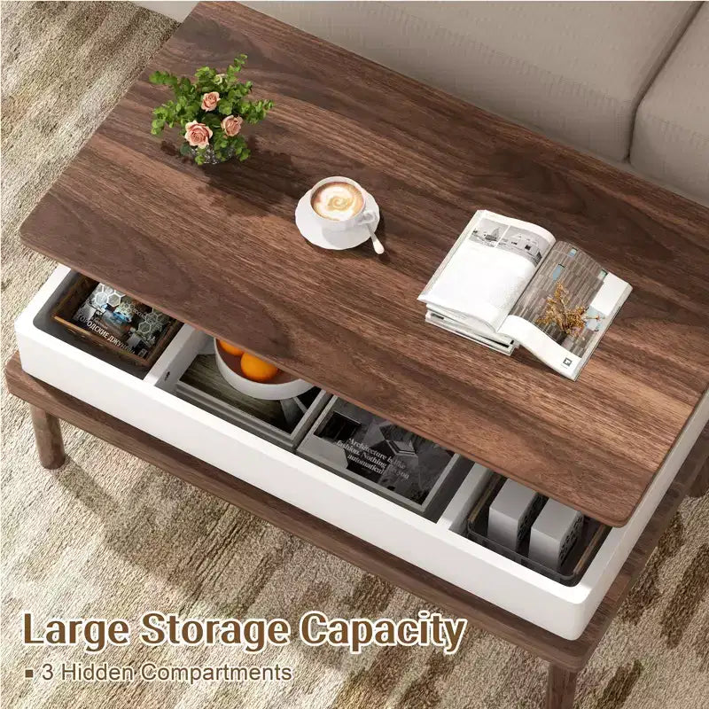 Tavolino da Caffè, Tavolino Centrale con Piano Sollevabile e Vano Nascosto, Tavolo da Pranzo con Piano Estensibile, per Soggiorno, Ufficio Casa