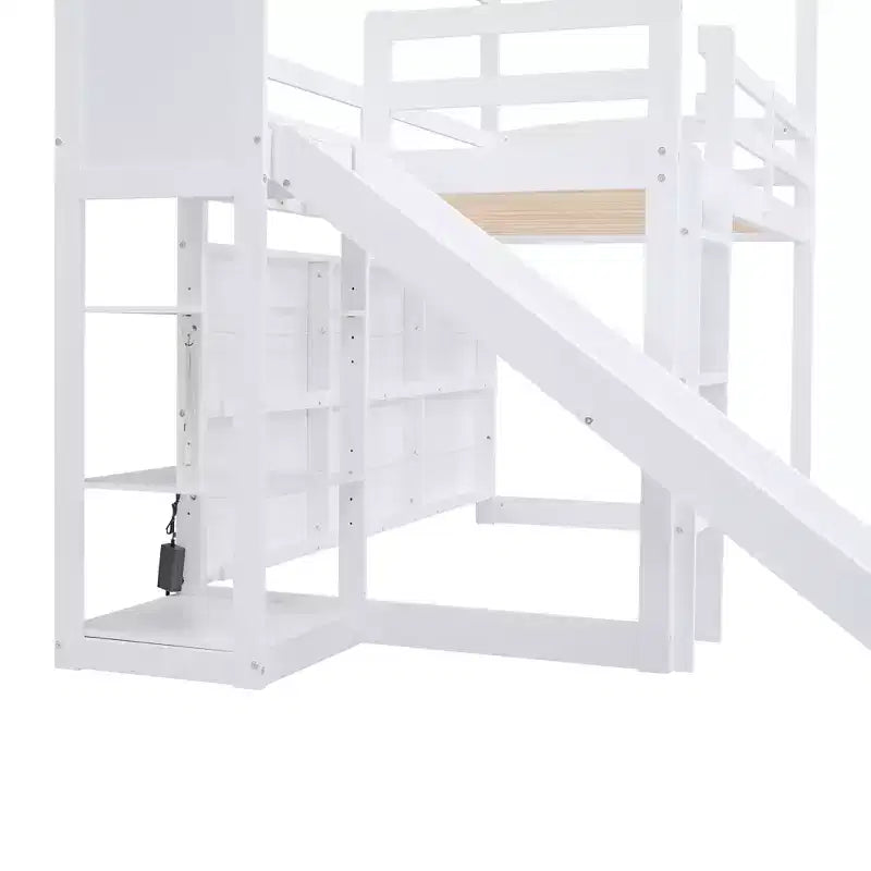 Letto singolo a forma di casetta con scivolo, struttura salvaspazio con libreria e ripiani contenitori integrati