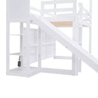 Letto singolo a forma di casetta con scivolo, struttura salvaspazio con libreria e ripiani contenitori integrati