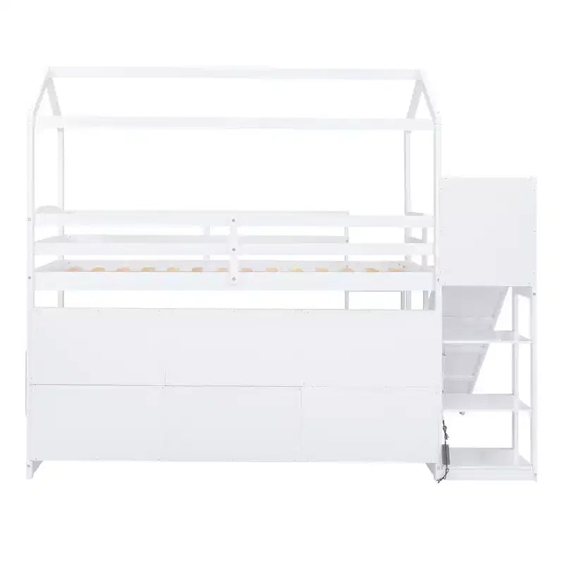 Letto singolo a forma di casetta con scivolo, struttura salvaspazio con libreria e ripiani contenitori integrati