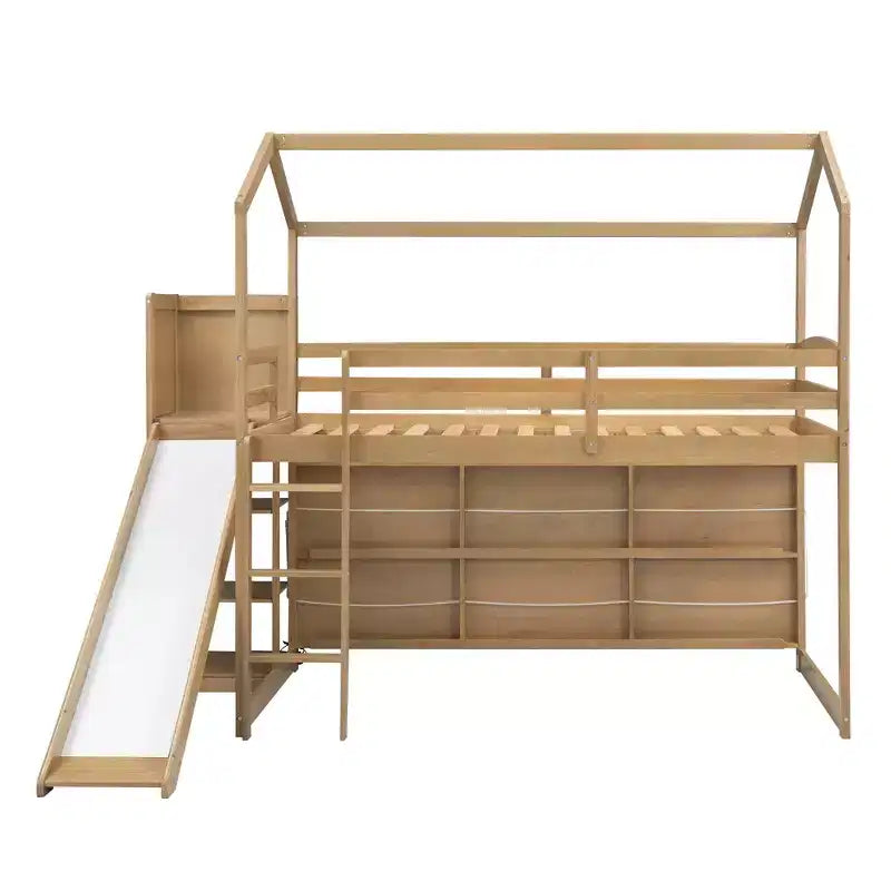 Letto singolo a forma di casetta con scivolo, struttura salvaspazio con libreria e ripiani contenitori integrati