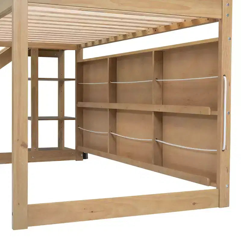 Letto singolo a forma di casetta con scivolo, struttura salvaspazio con libreria e ripiani contenitori integrati