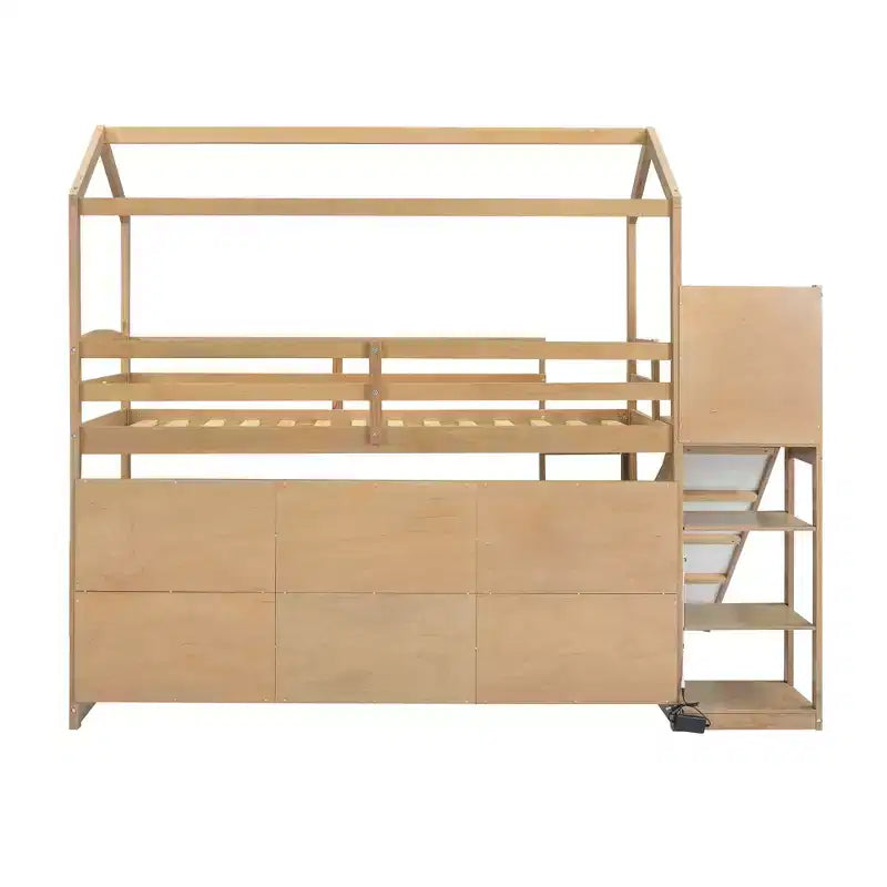 Letto singolo a forma di casetta con scivolo, struttura salvaspazio con libreria e ripiani contenitori integrati