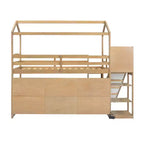 Letto singolo a forma di casetta con scivolo, struttura salvaspazio con libreria e ripiani contenitori integrati