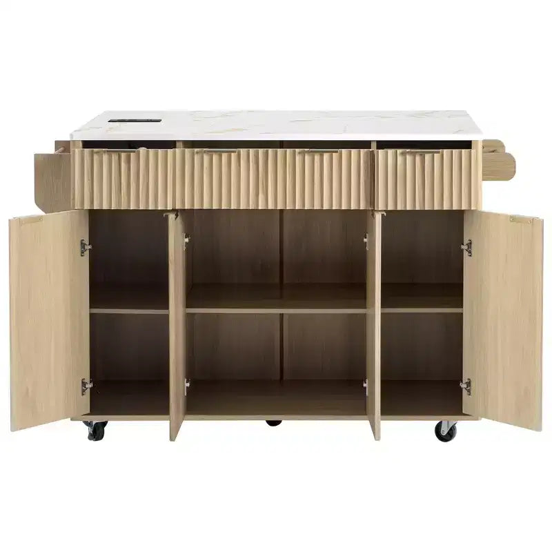 Carrello da cucina con isola scanalata da 55,5 pollici, tavolo da isola con anta a ribalta, 4 ante e 3 cassetti