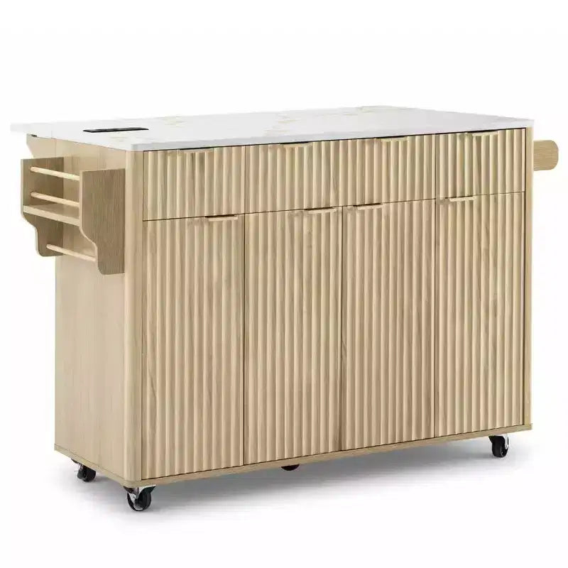 Carrello da cucina con isola scanalata da 55,5 pollici, tavolo da isola con anta a ribalta, 4 ante e 3 cassetti
