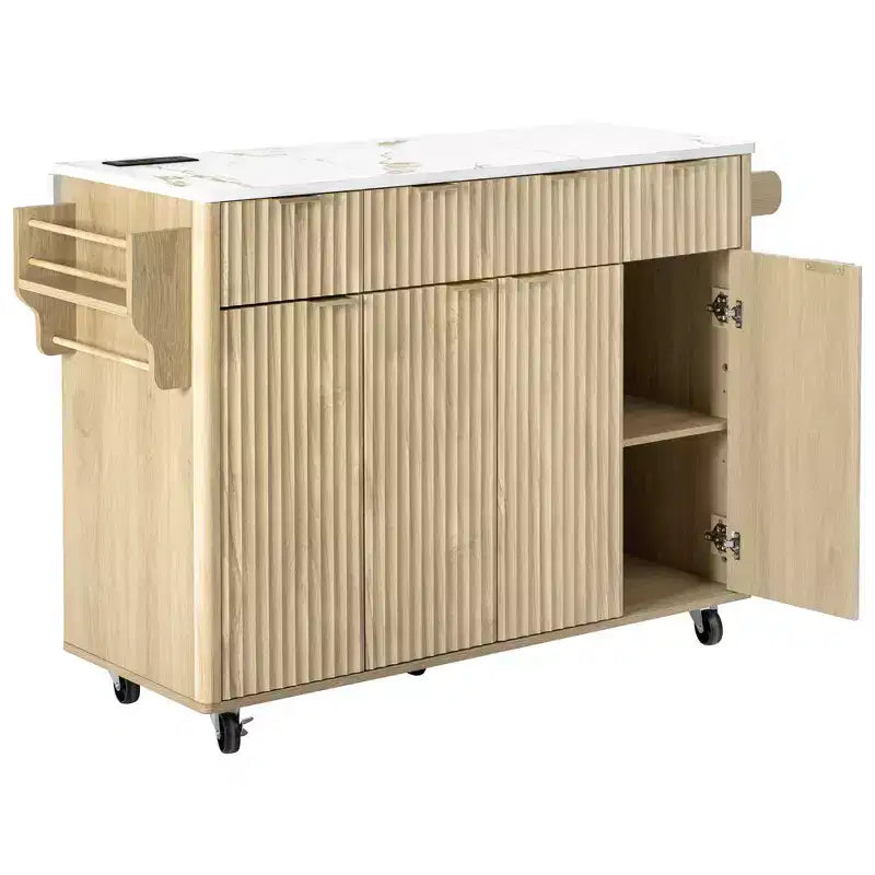 Carrello da cucina con isola scanalata da 55,5 pollici, tavolo da isola con anta a ribalta, 4 ante e 3 cassetti