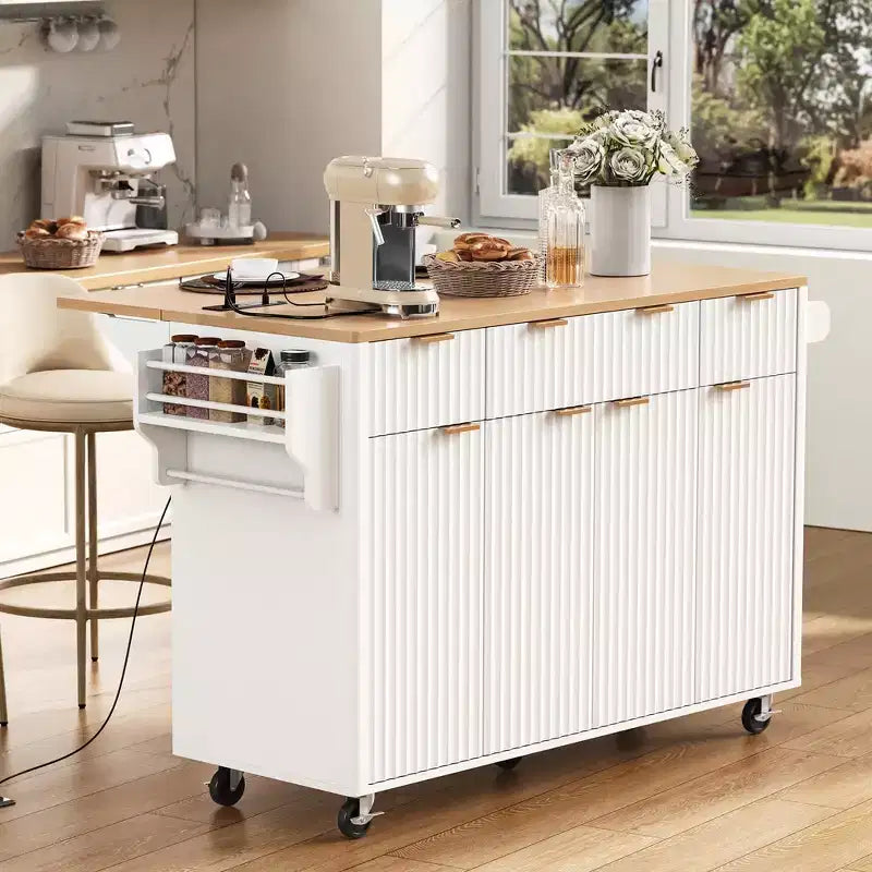 Carrello da cucina con isola scanalata da 55,5 pollici, tavolo da isola con anta a ribalta, 4 ante e 3 cassetti