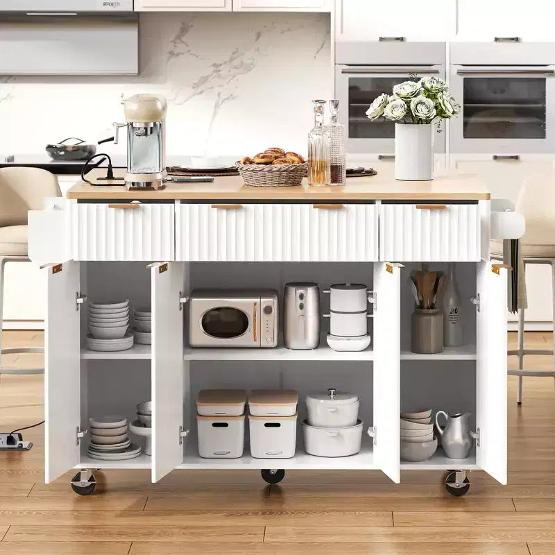 Carrello da cucina con isola scanalata da 55,5 pollici, tavolo da isola con anta a ribalta, 4 ante e 3 cassetti