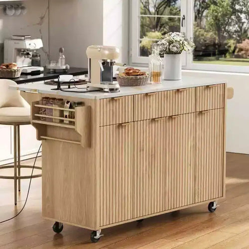 Carrello da cucina con isola scanalata da 55,5 pollici, tavolo da isola con anta a ribalta, 4 ante e 3 cassetti