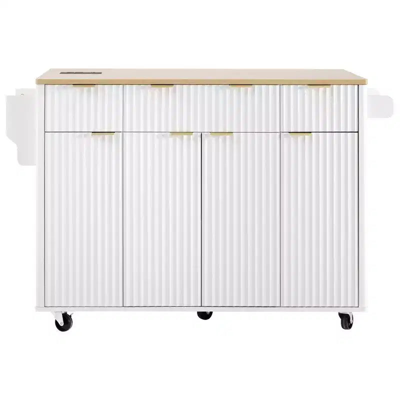 Carrello da cucina con isola scanalata da 55,5 pollici, tavolo da isola con anta a ribalta, 4 ante e 3 cassetti