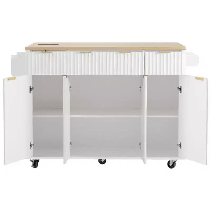 Carrello da cucina con isola scanalata da 55,5 pollici, tavolo da isola con anta a ribalta, 4 ante e 3 cassetti
