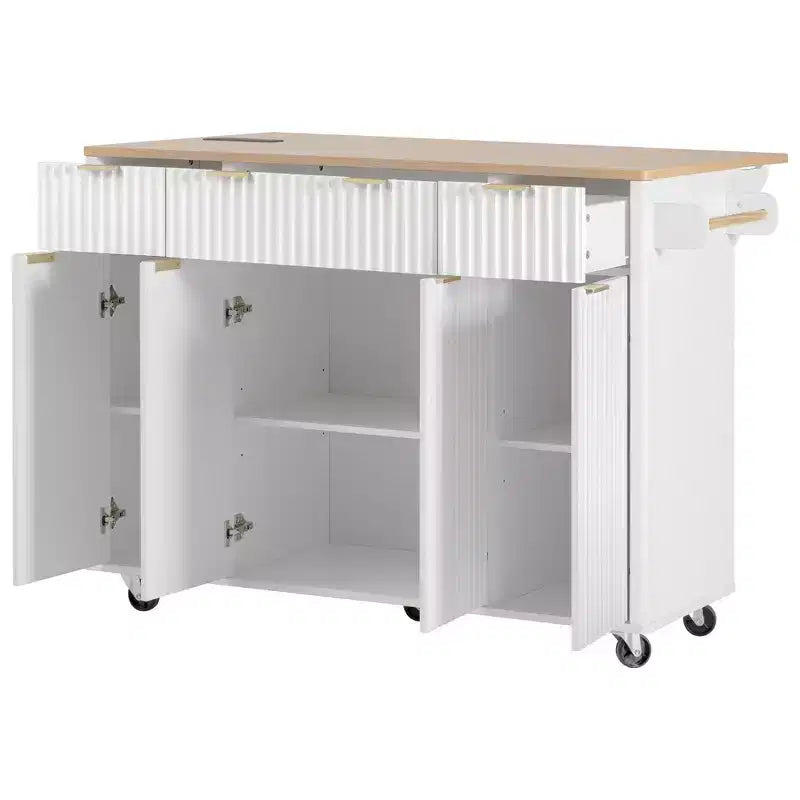 Carrello da cucina con isola scanalata da 55,5 pollici, tavolo da isola con anta a ribalta, 4 ante e 3 cassetti