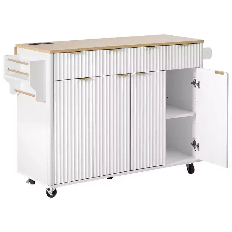 Carrello da cucina con isola scanalata da 55,5 pollici, tavolo da isola con anta a ribalta, 4 ante e 3 cassetti