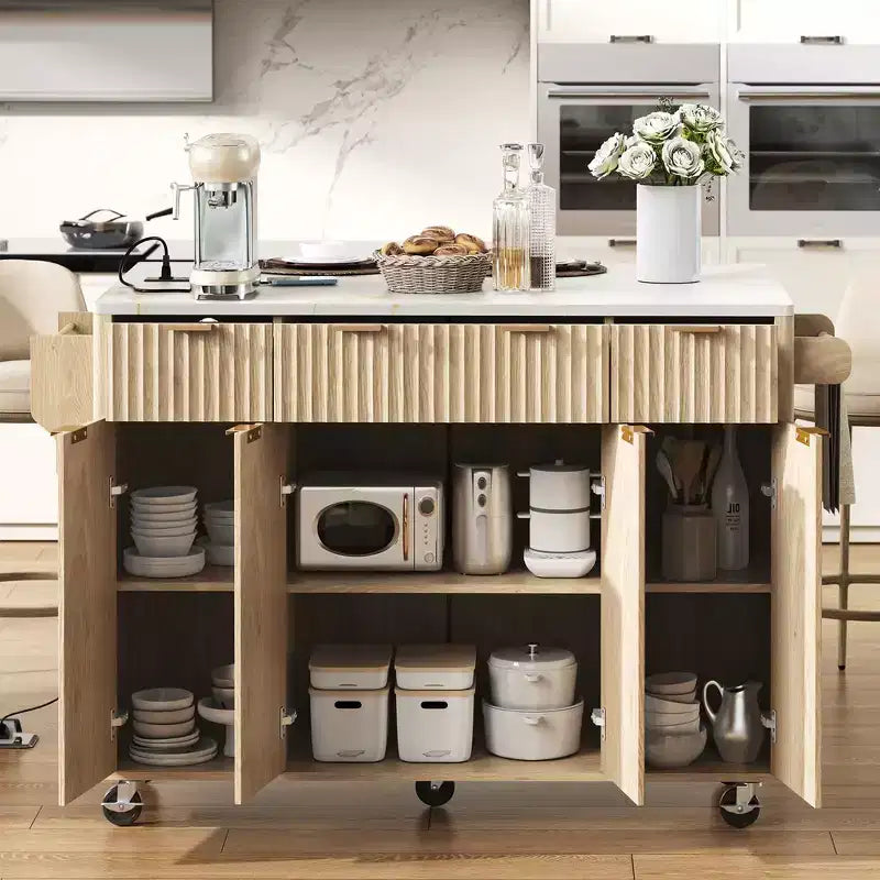 Carrello da cucina con isola scanalata da 55,5 pollici, tavolo da isola con anta a ribalta, 4 ante e 3 cassetti