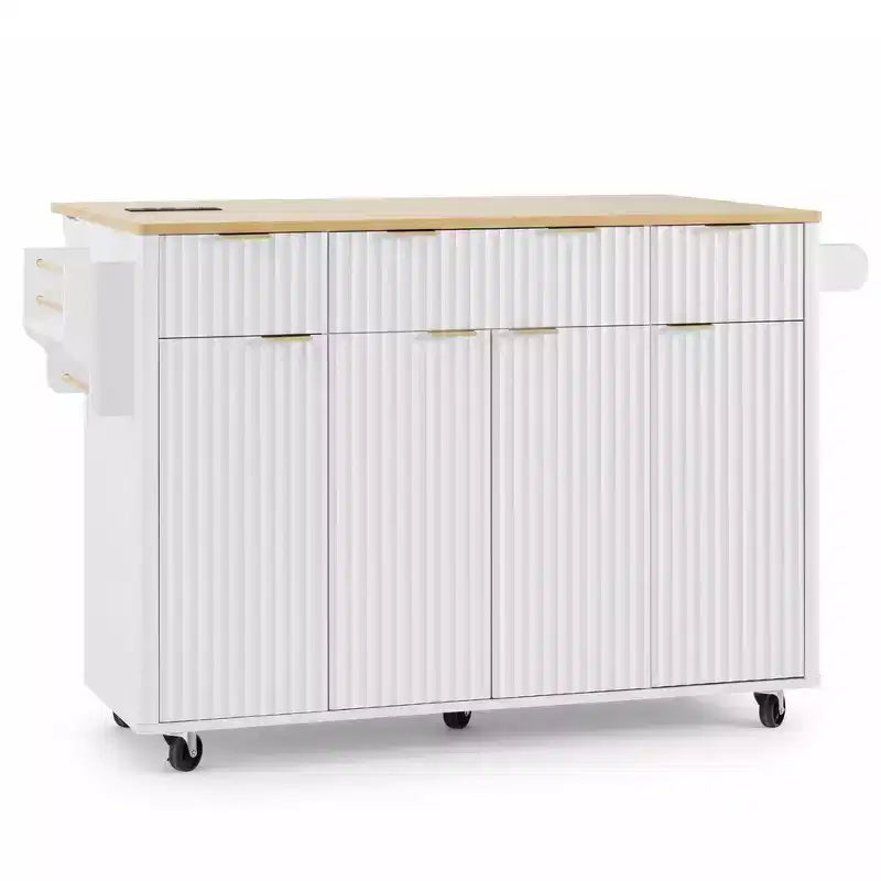 Carrello da cucina con isola scanalata da 55,5 pollici, tavolo da isola con anta a ribalta, 4 ante e 3 cassetti