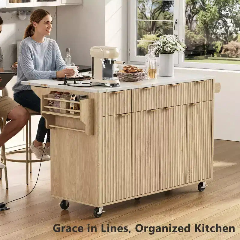 Carrello da cucina con isola scanalata da 55,5 pollici, tavolo da isola con anta a ribalta, 4 ante e 3 cassetti