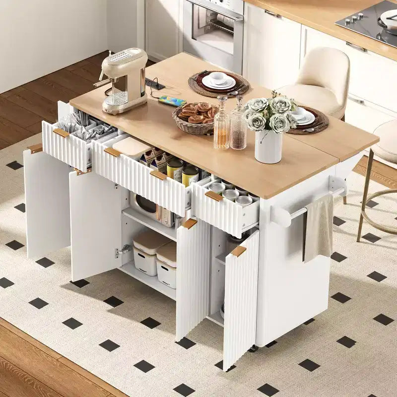 Carrello da cucina con isola scanalata da 55,5 pollici, tavolo da isola con anta a ribalta, 4 ante e 3 cassetti