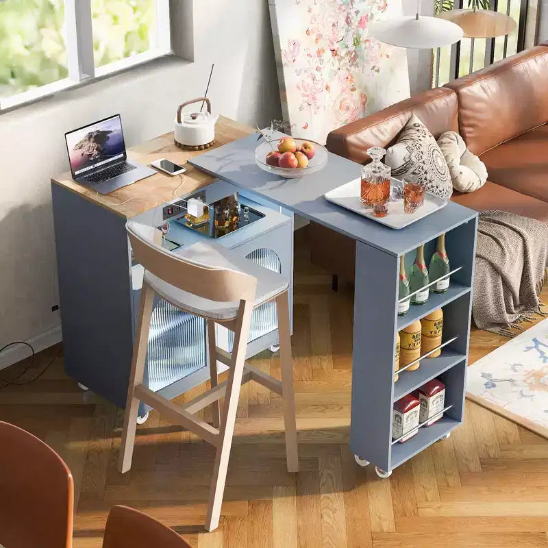 Kitchen Island with extendable countertop and casters, featuring two built-in glass doors and three tiers of open shelving on the inner side
