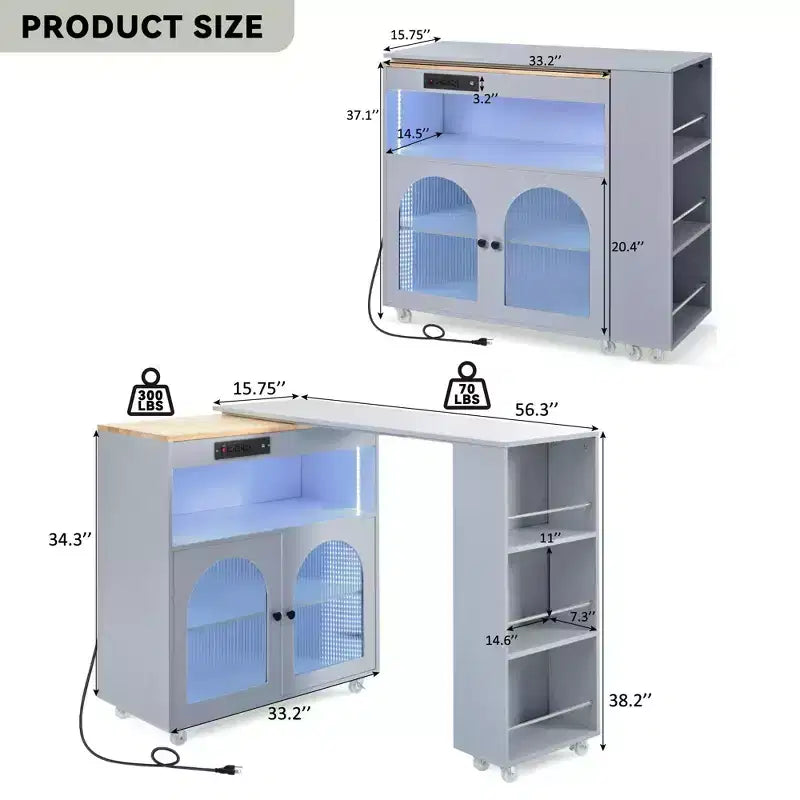 Kitchen Island with extendable countertop and casters, featuring two built-in glass doors and three tiers of open shelving on the inner side