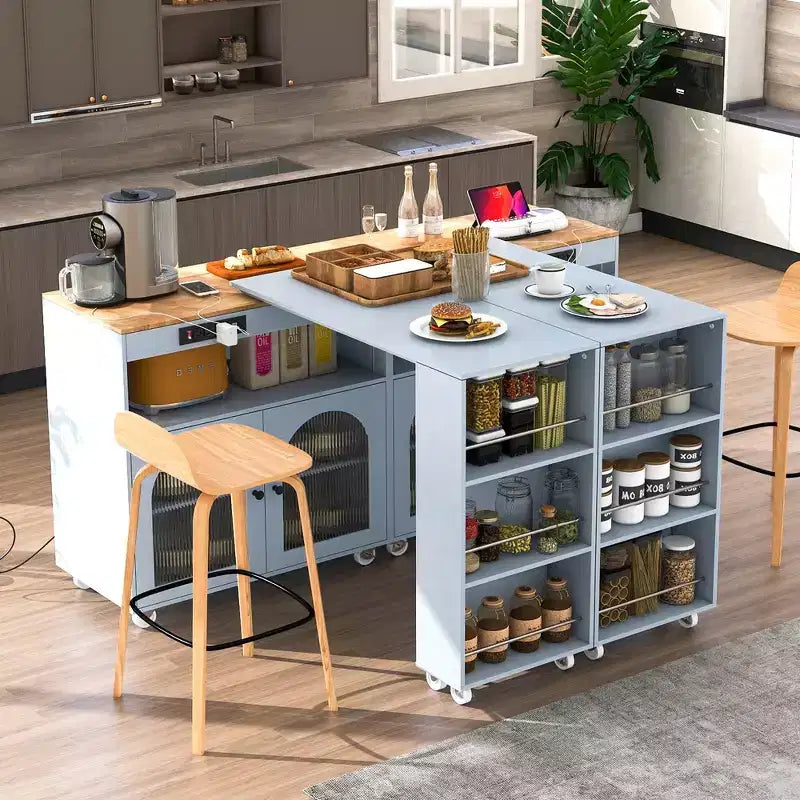Kitchen Island with extendable countertop and casters, featuring two built-in glass doors and three tiers of open shelving on the inner side