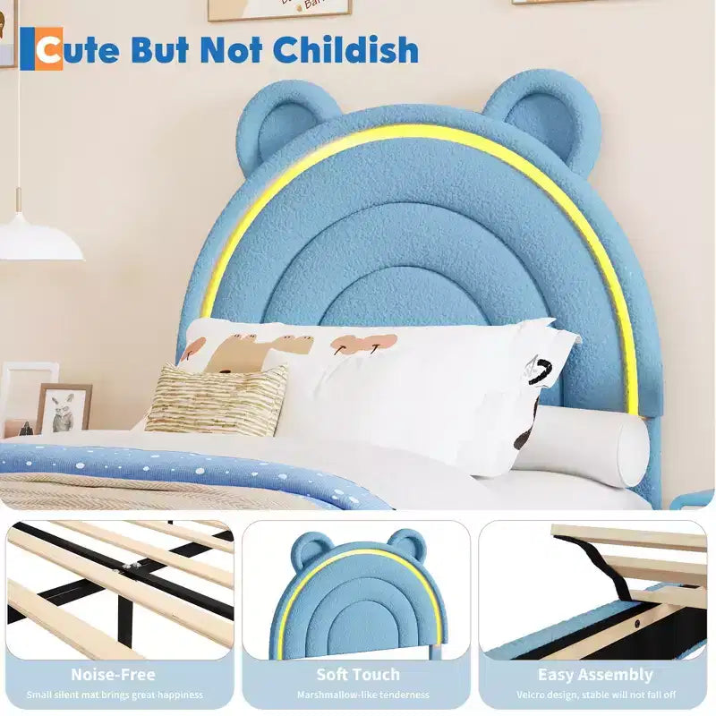 Telaio Letto Singolo con 2 Cassetti Contenitore, Letto a Piattaforma Imbottito con Testiera Arcobaleno per Bambini, Supporto con Doghe in Legno Massello, Nessuna Rete a Molle Necessaria
