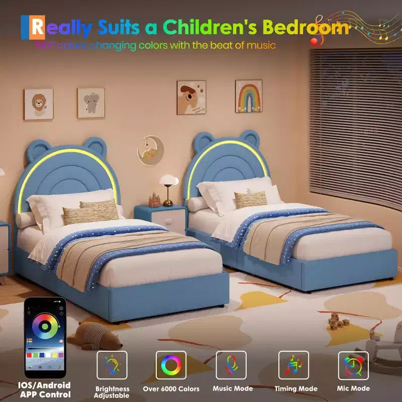 Telaio Letto Singolo con 2 Cassetti Contenitore, Letto a Piattaforma Imbottito con Testiera Arcobaleno per Bambini, Supporto con Doghe in Legno Massello, Nessuna Rete a Molle Necessaria