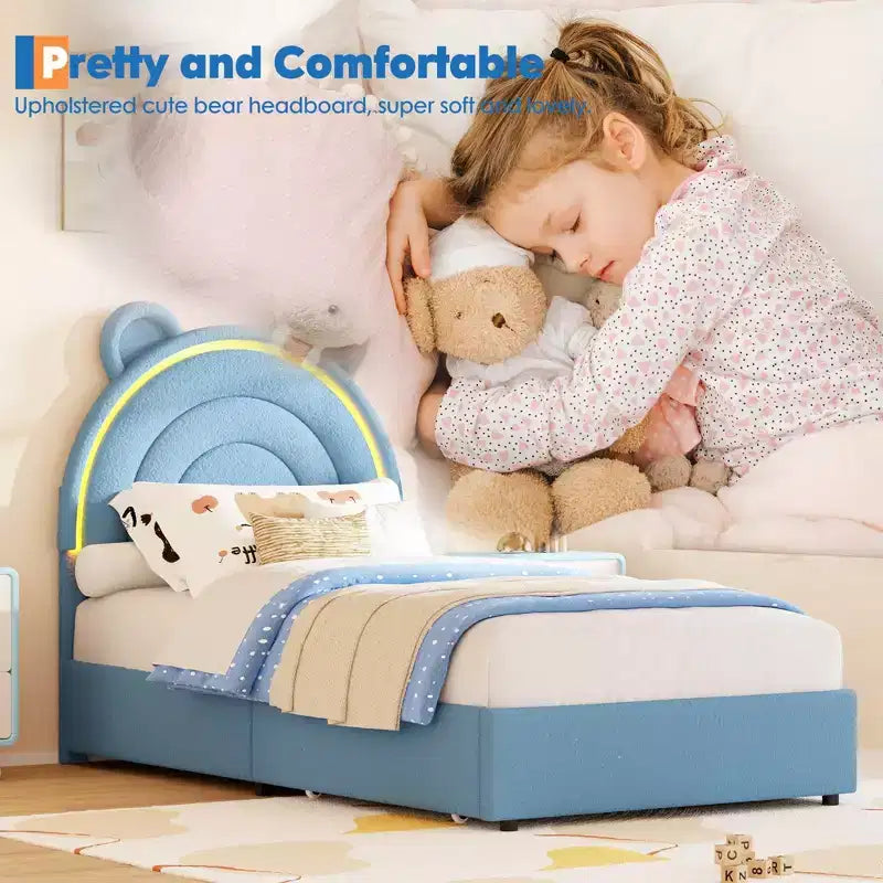 Telaio Letto Singolo con 2 Cassetti Contenitore, Letto a Piattaforma Imbottito con Testiera Arcobaleno per Bambini, Supporto con Doghe in Legno Massello, Nessuna Rete a Molle Necessaria