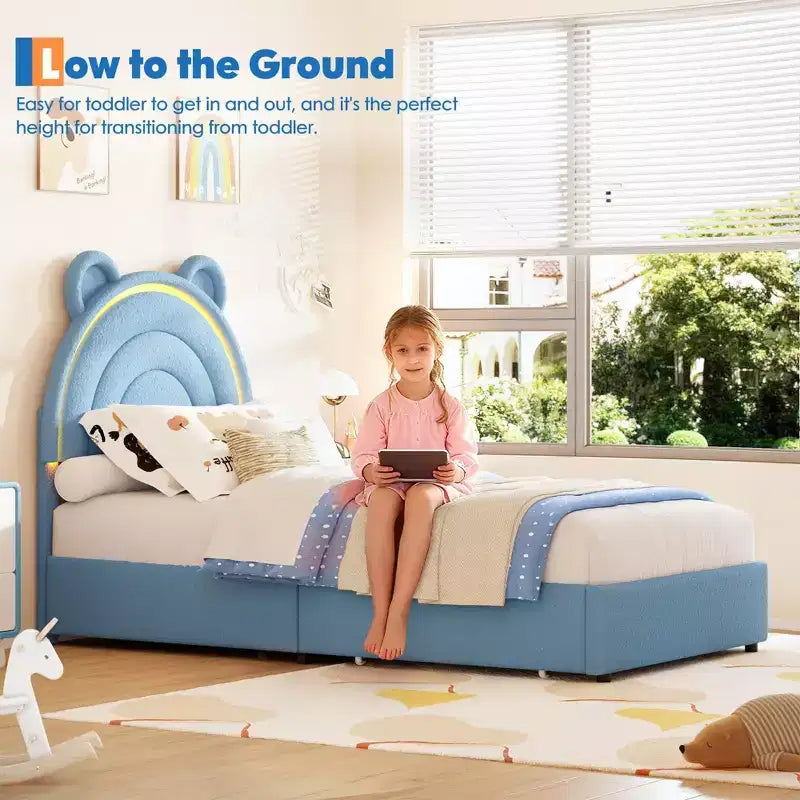 Telaio Letto Singolo con 2 Cassetti Contenitore, Letto a Piattaforma Imbottito con Testiera Arcobaleno per Bambini, Supporto con Doghe in Legno Massello, Nessuna Rete a Molle Necessaria