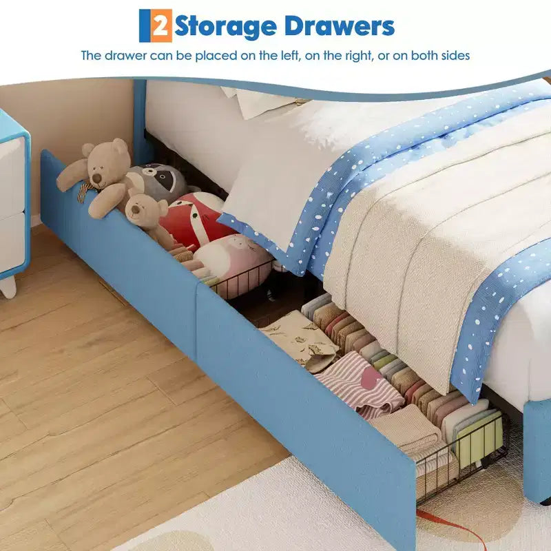Telaio Letto Singolo con 2 Cassetti Contenitore, Letto a Piattaforma Imbottito con Testiera Arcobaleno per Bambini, Supporto con Doghe in Legno Massello, Nessuna Rete a Molle Necessaria