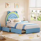 Telaio Letto Singolo con 2 Cassetti Contenitore, Letto a Piattaforma Imbottito con Testiera Arcobaleno per Bambini, Supporto con Doghe in Legno Massello, Nessuna Rete a Molle Necessaria