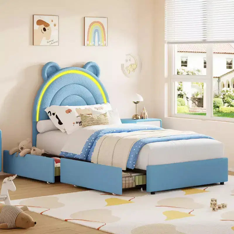Telaio Letto Singolo con 2 Cassetti Contenitore, Letto a Piattaforma Imbottito con Testiera Arcobaleno per Bambini, Supporto con Doghe in Legno Massello, Nessuna Rete a Molle Necessaria