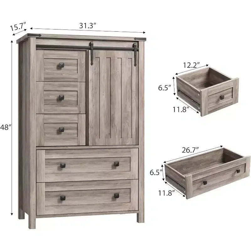 48in Farmhouse 5 Drawer Dresser with Sliding Barn Door Adjustable Shelf for Bedroom Living Room, Grey