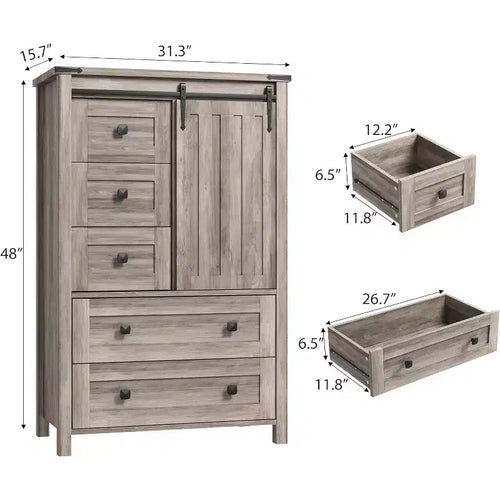 Cassettiera da fattoria da 122 cm con 5 cassetti e anta scorrevole a granaio, ripiano regolabile, per camera da letto e soggiorno, grigia