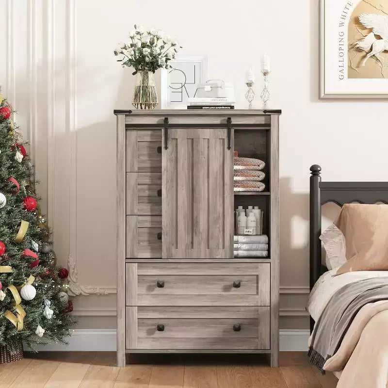 48in Farmhouse 5 Drawer Dresser with Sliding Barn Door Adjustable Shelf for Bedroom Living Room, Grey
