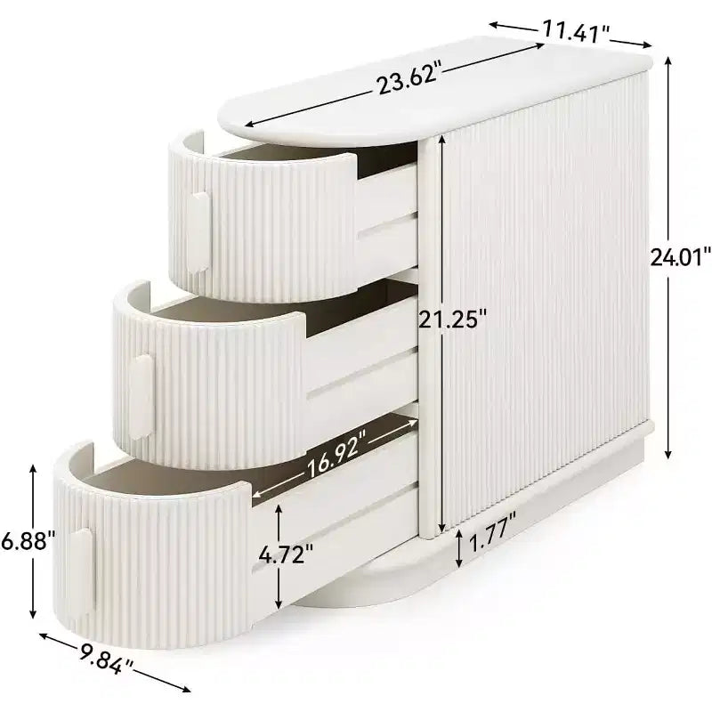 Tavolino con 3 cassetti, nessun montaggio, tavolo laterale per divano in stile moderno di metà secolo per soggiorno, comodino sottile per camera da letto, bianco