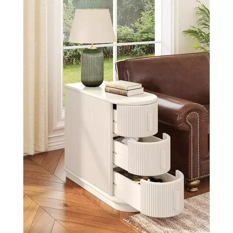 Tavolino con 3 cassetti, nessun montaggio, tavolo laterale per divano in stile moderno di metà secolo per soggiorno, comodino sottile per camera da letto, bianco