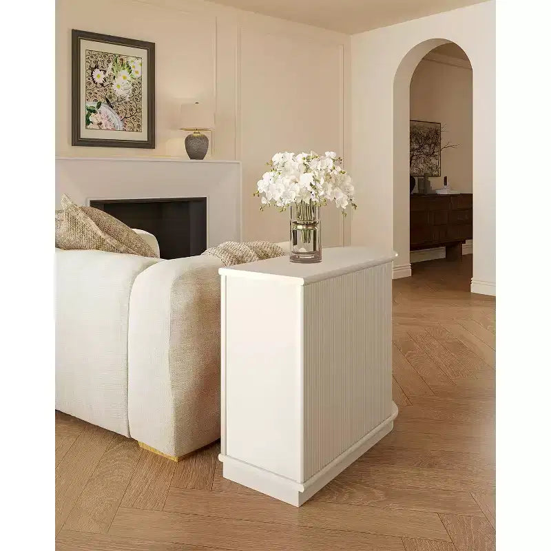 Tavolino con 3 cassetti, nessun montaggio, tavolo laterale per divano in stile moderno di metà secolo per soggiorno, comodino sottile per camera da letto, bianco