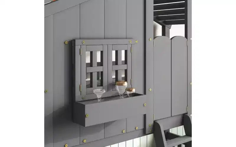 Letto a baldacchino da 81 pollici con finestre, fioriere sul davanzale, porte, sponde di sicurezza e scaletta, design a basso profilo con sponde di protezione a tutta lunghezza, grigio