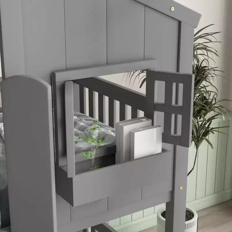 Letto a baldacchino da 81 pollici con finestre, fioriere sul davanzale, porte, sponde di sicurezza e scaletta, design a basso profilo con sponde di protezione a tutta lunghezza, grigio