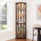 Vetrinetta ad angolo con illuminazione, adatta per soggiorni, collezioni di antiquariato, conservazione di vini o esposizione di bicchieri da bar. Legno di ciliegio scuro