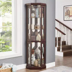Vetrinetta ad angolo con illuminazione, adatta per soggiorni, collezioni di antiquariato, conservazione di vini o esposizione di bicchieri da bar. Legno di ciliegio scuro