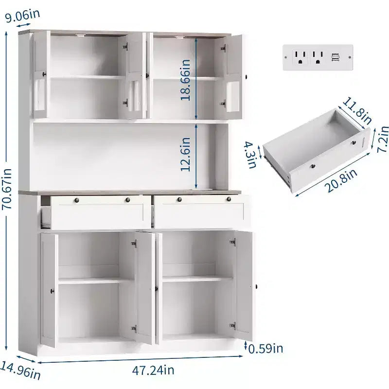 Dispensa da Cucina 71, Credenza da Cucina Autoportante con 2 Cassetti e Supporto per Microonde, Mobile Bar da Caffè in Legno per Soggiorno e Cucina