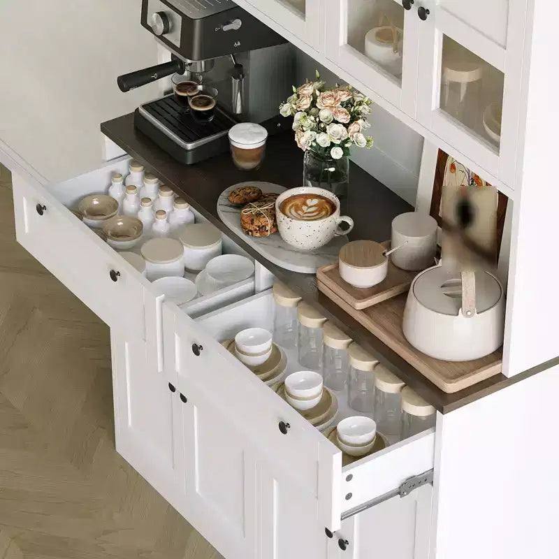 Dispensa da Cucina 71, Credenza da Cucina Autoportante con 2 Cassetti e Supporto per Microonde, Mobile Bar da Caffè in Legno per Soggiorno e Cucina