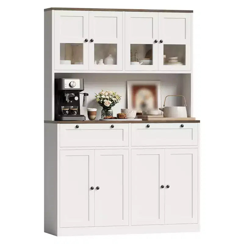 Dispensa da Cucina 71, Credenza da Cucina Autoportante con 2 Cassetti e Supporto per Microonde, Mobile Bar da Caffè in Legno per Soggiorno e Cucina