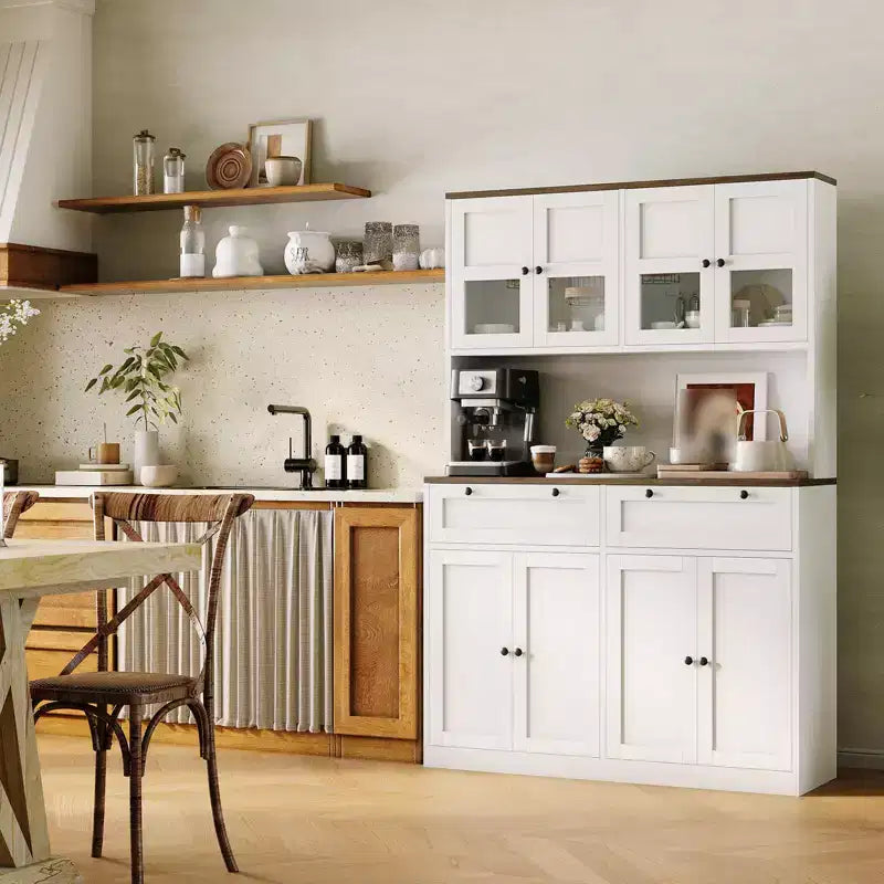 Dispensa da Cucina 71, Credenza da Cucina Autoportante con 2 Cassetti e Supporto per Microonde, Mobile Bar da Caffè in Legno per Soggiorno e Cucina